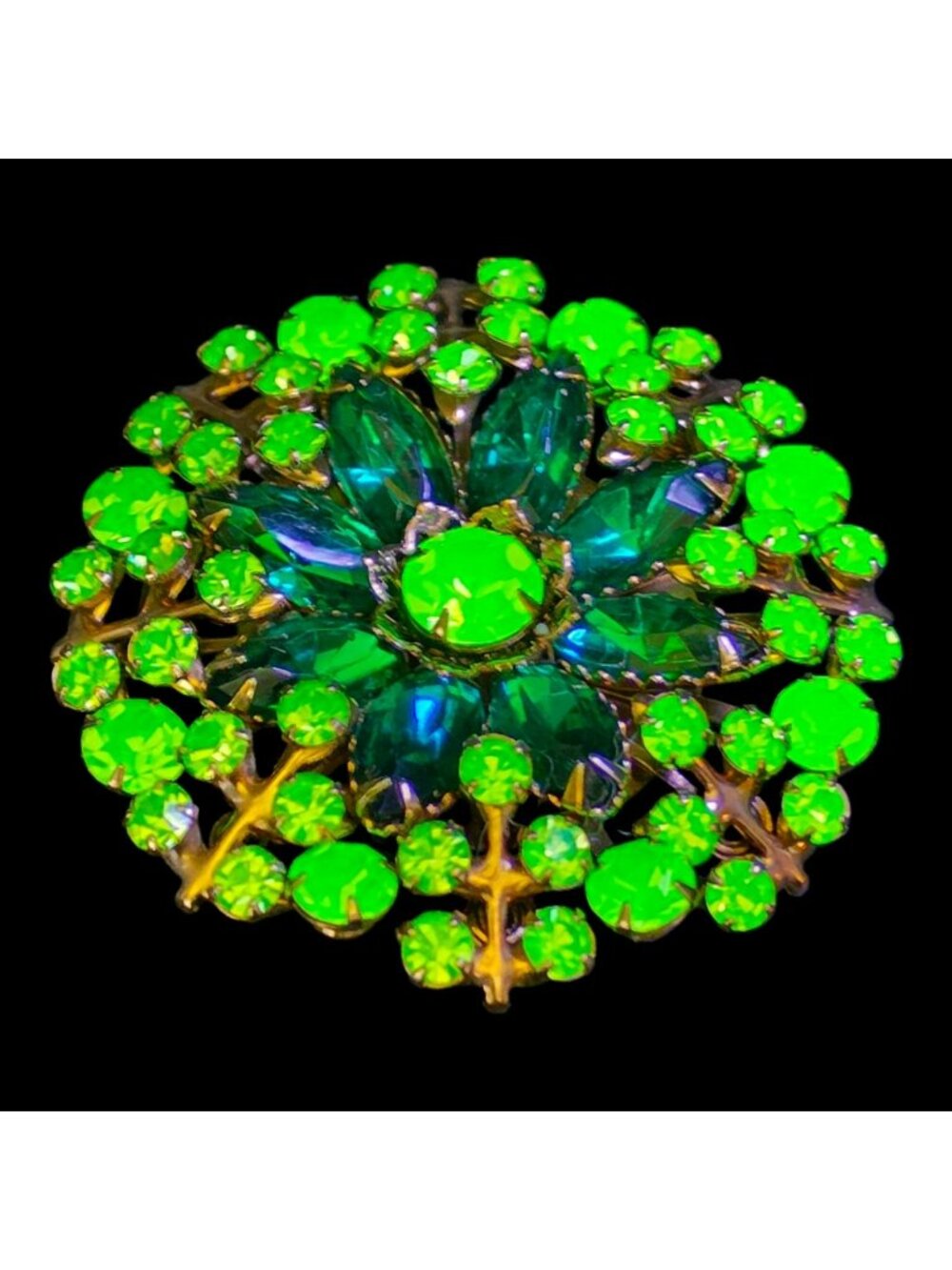 Vintage Czech Uranium Glass Green Rhinestone Floral Brooch Pin Gold-Tone Elegant